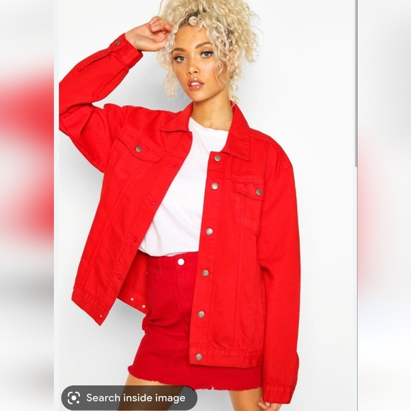 SHEIN Jackets & Coats Red Jean Jacket 49ers Logo Rhinestone On Back